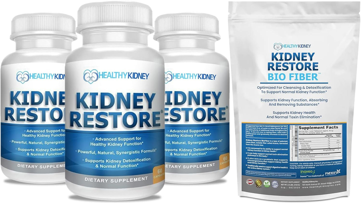 Kidney Restore 3 Pack with Natural Kidney Cleanse Capsules and Bio Fiber - Support Kidney Function, Detox & Repair - Restorative Kidney Support Supplement