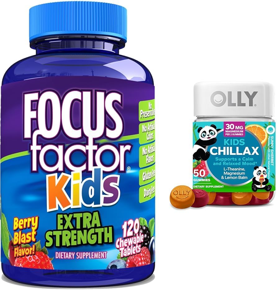 Kids Brain Health & Calm Support Combo: Focus Factor Extra Strength Chewables + OLLY Chillax Chews, 50 Count