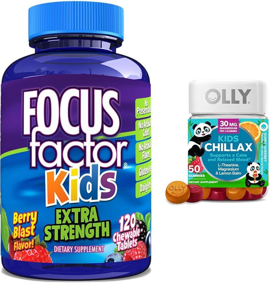 Kids Brain Health & Calm Support Combo: Focus Factor Extra Strength Chewables + OLLY Chillax Chews, 50 Count