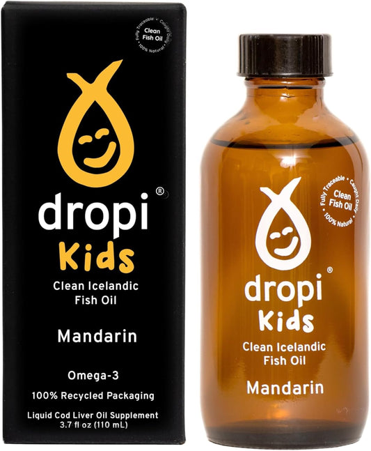 Kids Dropi Omega-3 Fish Oil Liquid Supplement with EPA, DHA, Vitamin A & D - Mandarin Flavor - Immune System, Brain Health, Joint Support - 3.7 Fl Oz