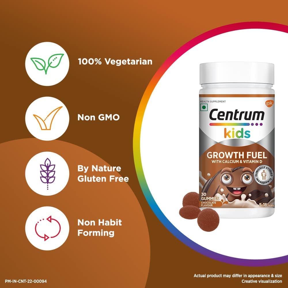 Kids Growth Gummies with Calcium & Vitamin D for Strong Bones - 30 Count | Supports Overall Growth | 100% Vegetarian | Top Multivitamin
