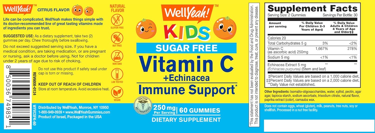 Kids Immune Support Gummies with Echinacea & Vitamin C - 60 Count, Orange Flavor, Sugar-Free