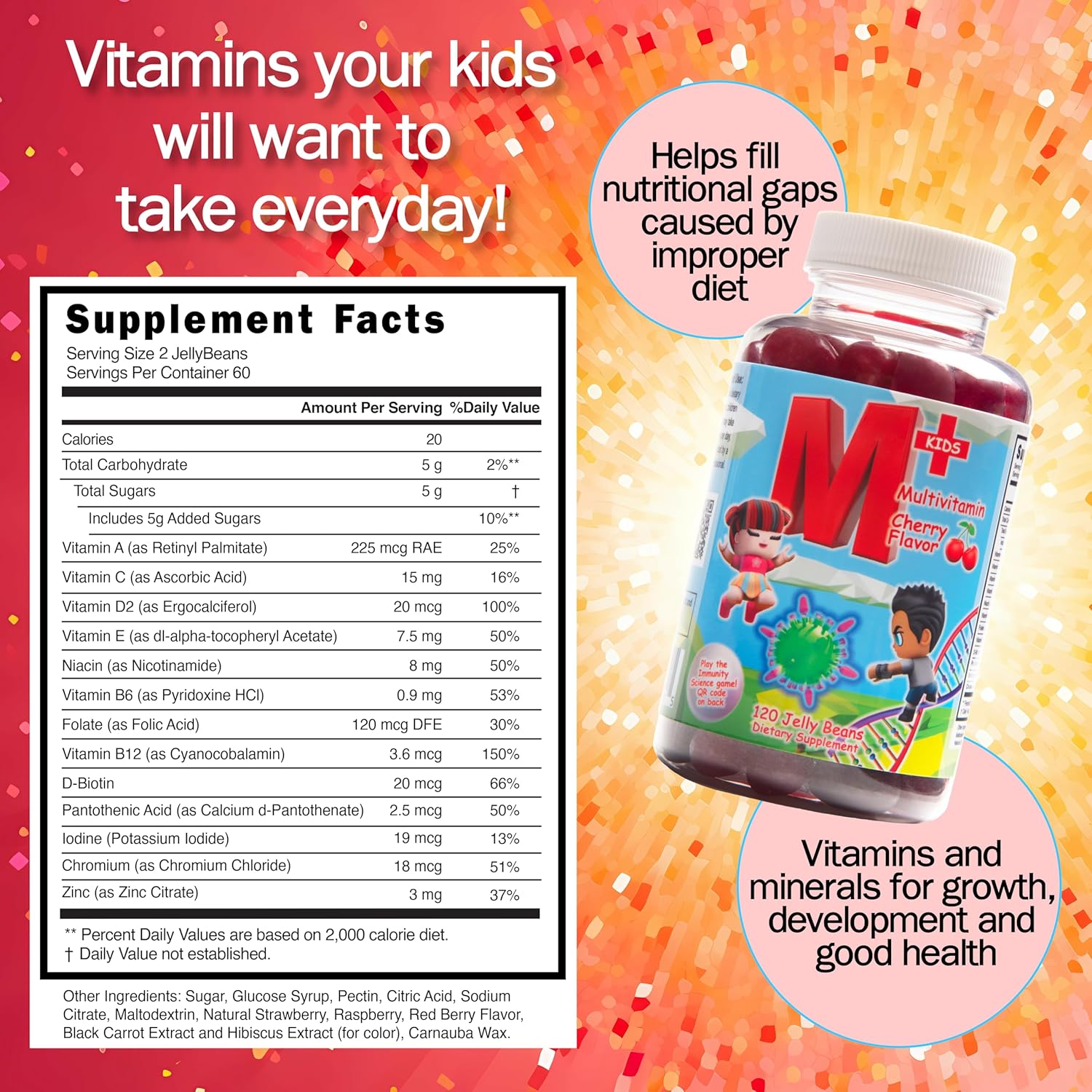 Kids Immunity Boosting Cherry Multivitamin Jellybeans - Natural, Non-GMO, Gluten-Free, Vegan Formula