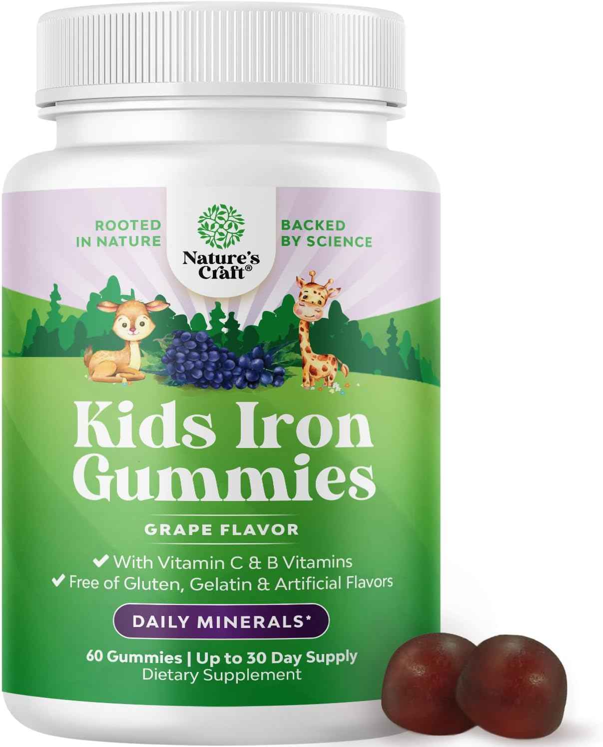Kids Iron Gummies - Blood Builder Iron Supplements for Kids with Gentle for Stronger Immunity & Energy - Vitamin B12, Folate & Vitamin C Gummies - Vegan, GMO & Gluten Free for Toddlers - 60 Count