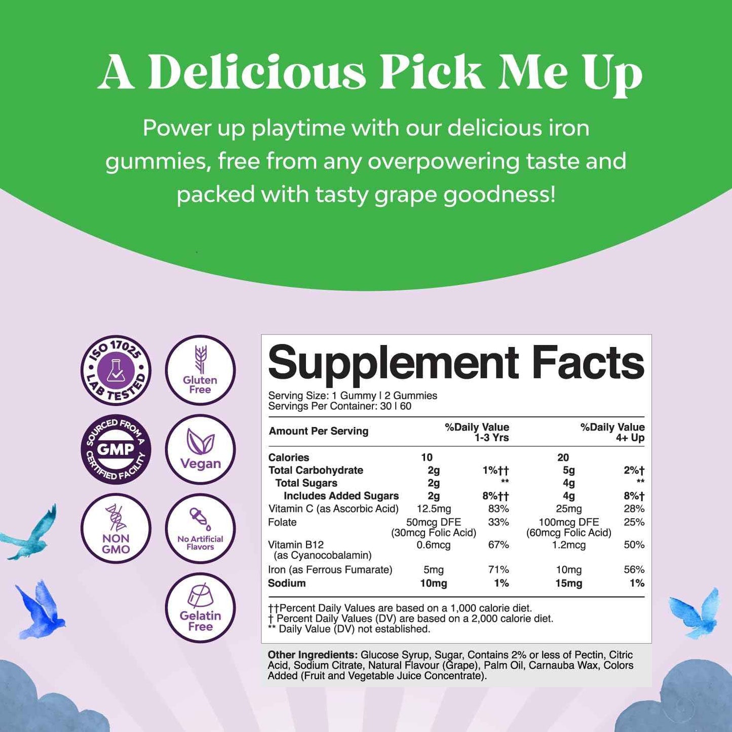 Kids Iron Gummies - Blood Builder Iron Supplements for Kids with Gentle for Stronger Immunity & Energy - Vitamin B12, Folate & Vitamin C Gummies - Vegan, GMO & Gluten Free for Toddlers - 60 Count