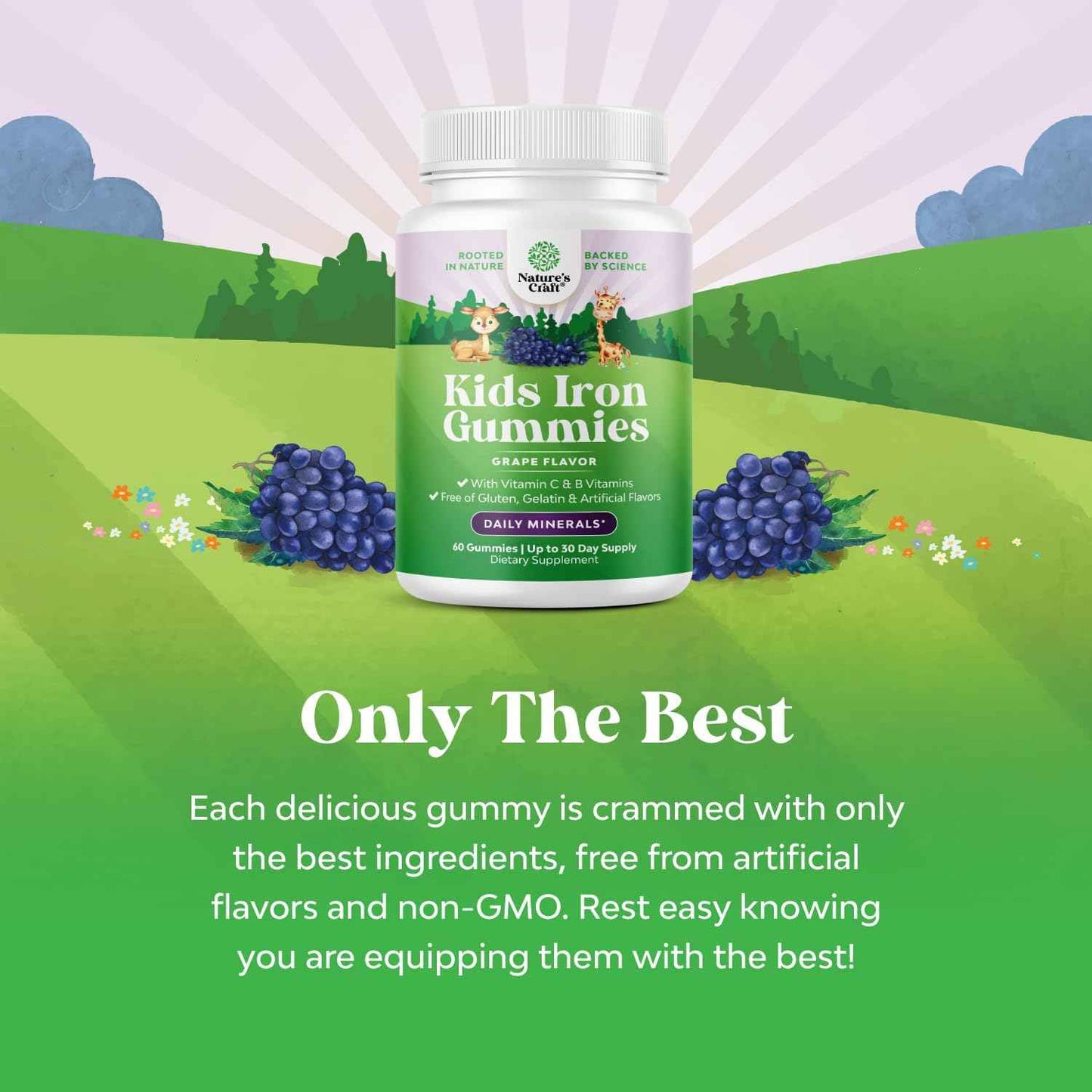 Kids Iron Gummies - Blood Builder Iron Supplements for Kids with Gentle for Stronger Immunity & Energy - Vitamin B12, Folate & Vitamin C Gummies - Vegan, GMO & Gluten Free for Toddlers - 60 Count