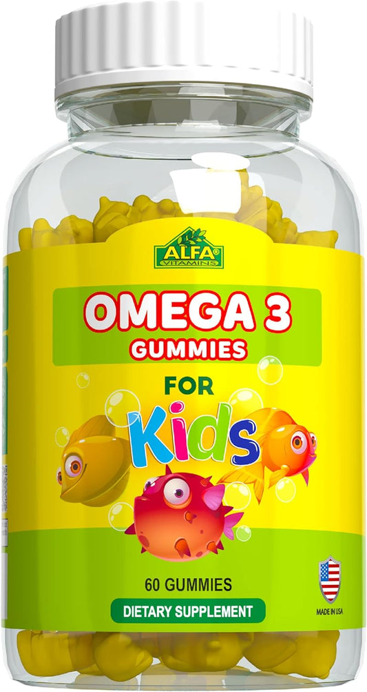 Kids Omega 3 Gummies with EPA & DHA for Focus, Memory, Heart Health - Natural Brain Booster and Vision Support - 60 Gummies