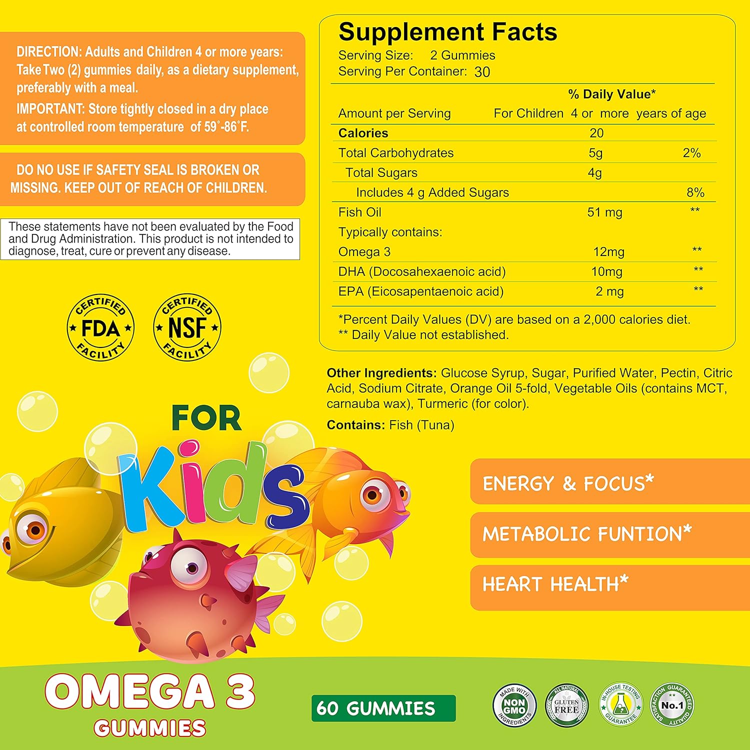 Kids Omega 3 Gummies with EPA & DHA for Focus, Memory, Heart Health - Natural Brain Booster and Vision Support - 60 Gummies