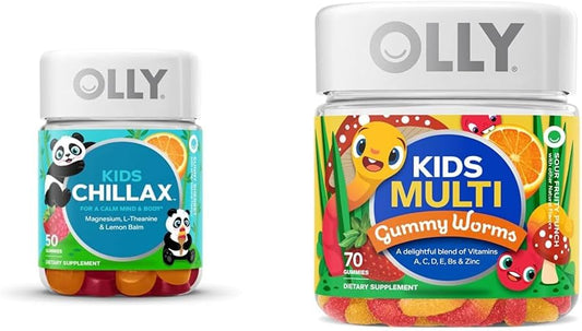Kids Relaxation Gummies with Magnesium, L-Theanine, Lemon Balm - 50 Count, Plus Kids Multivitamin Gummy Worms for Immune Support