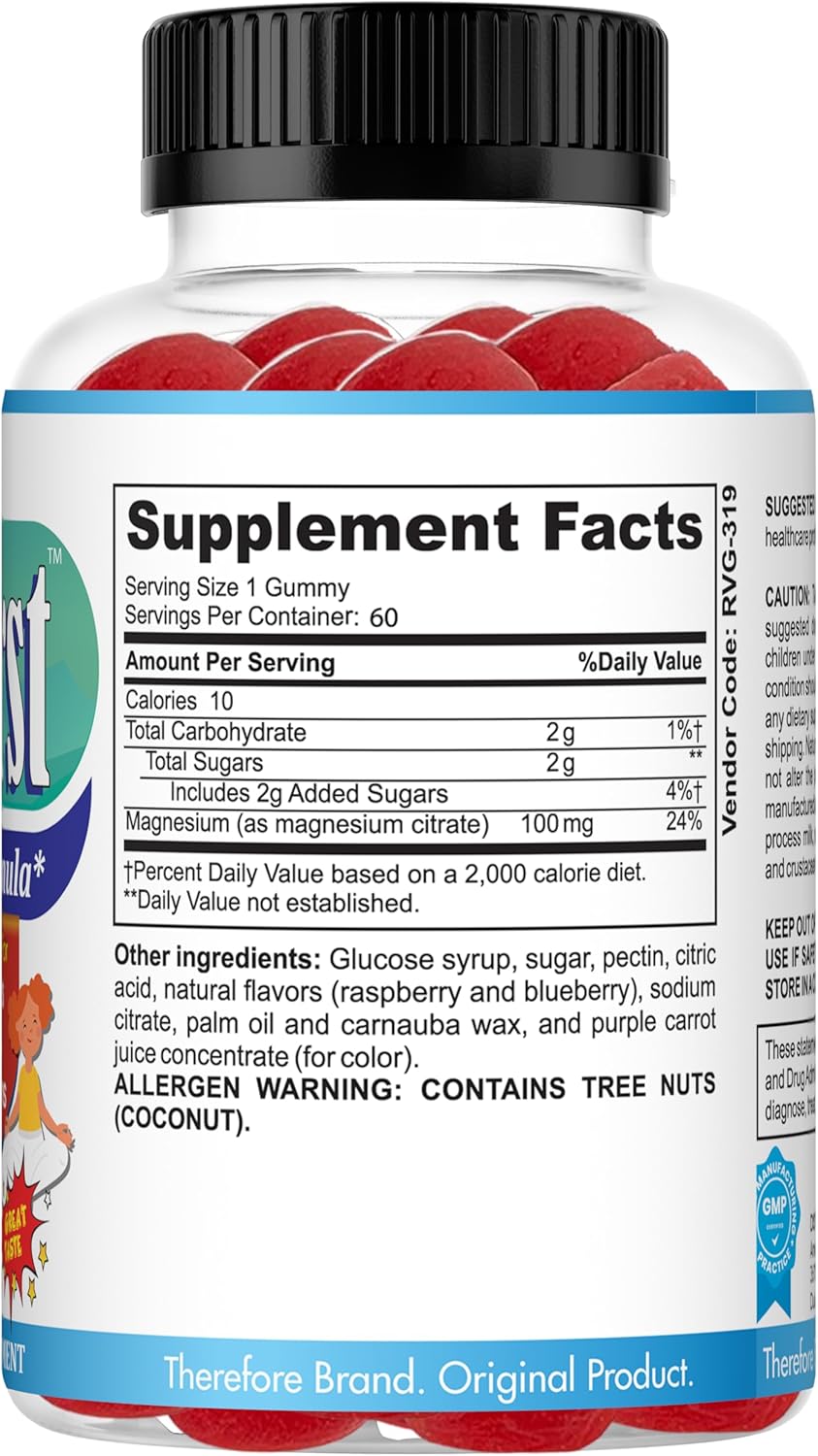 Kids & Teens Magnesium Citrate Gummy Supplement - Supports Bone Health & Calm Mind, Anti-Stress, Calming Sleep, Gluten Free, Low Sugar - 60-Day Supply