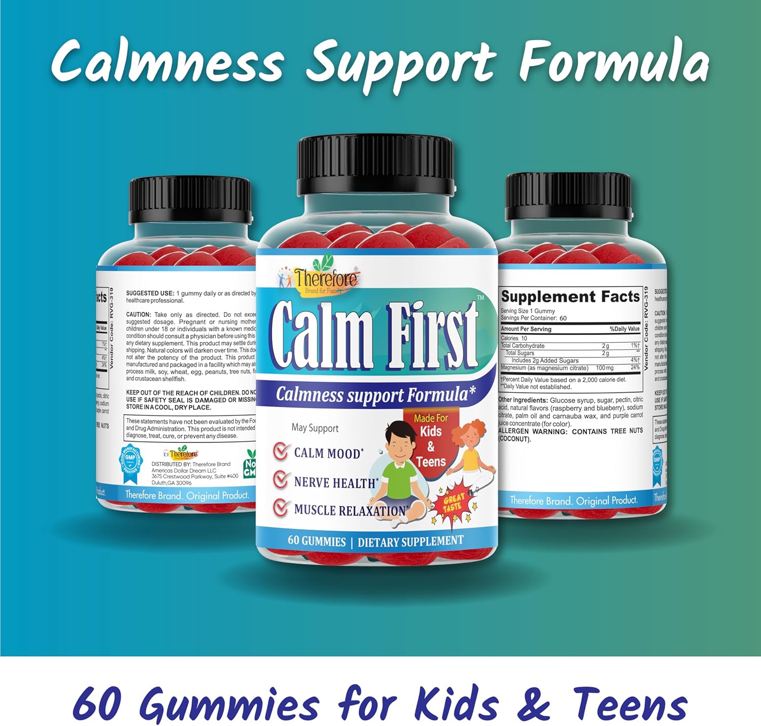 Kids & Teens Magnesium Citrate Gummy Supplement - Supports Bone Health & Calm Mind, Anti-Stress, Calming Sleep, Gluten Free, Low Sugar - 60-Day Supply