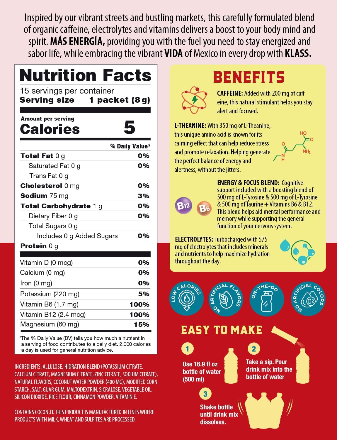 KLASS VIDA Hibiscus Electrolyte Agua Fresca Drink Mix - Sugar-Free Powder Packets with Caffeine & Theanine for Hydration and Energy - 15 Single Serve Sticks, Low Calorie