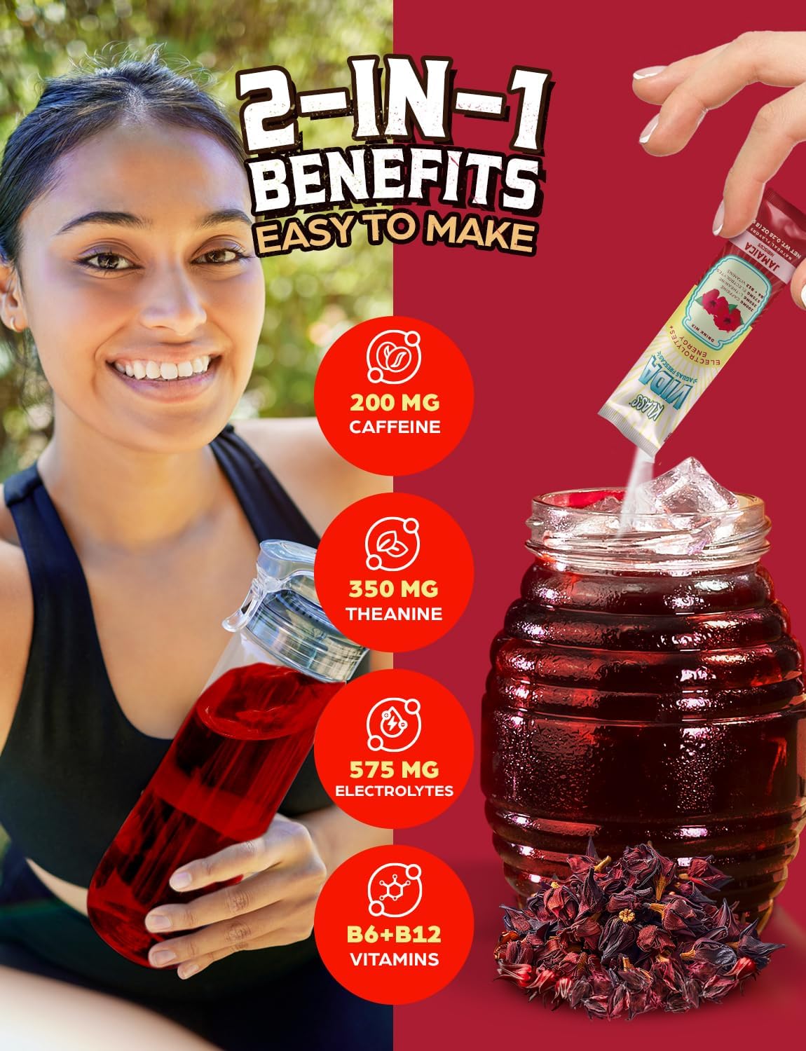 KLASS VIDA Hibiscus Electrolyte Agua Fresca Drink Mix - Sugar-Free Powder Packets with Caffeine & Theanine for Hydration and Energy - 15 Single Serve Sticks, Low Calorie