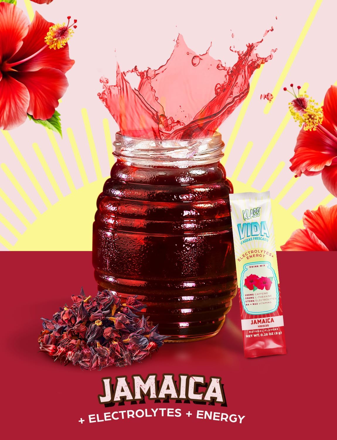 KLASS VIDA Hibiscus Electrolyte Agua Fresca Drink Mix - Sugar-Free Powder Packets with Caffeine & Theanine for Hydration and Energy - 15 Single Serve Sticks, Low Calorie