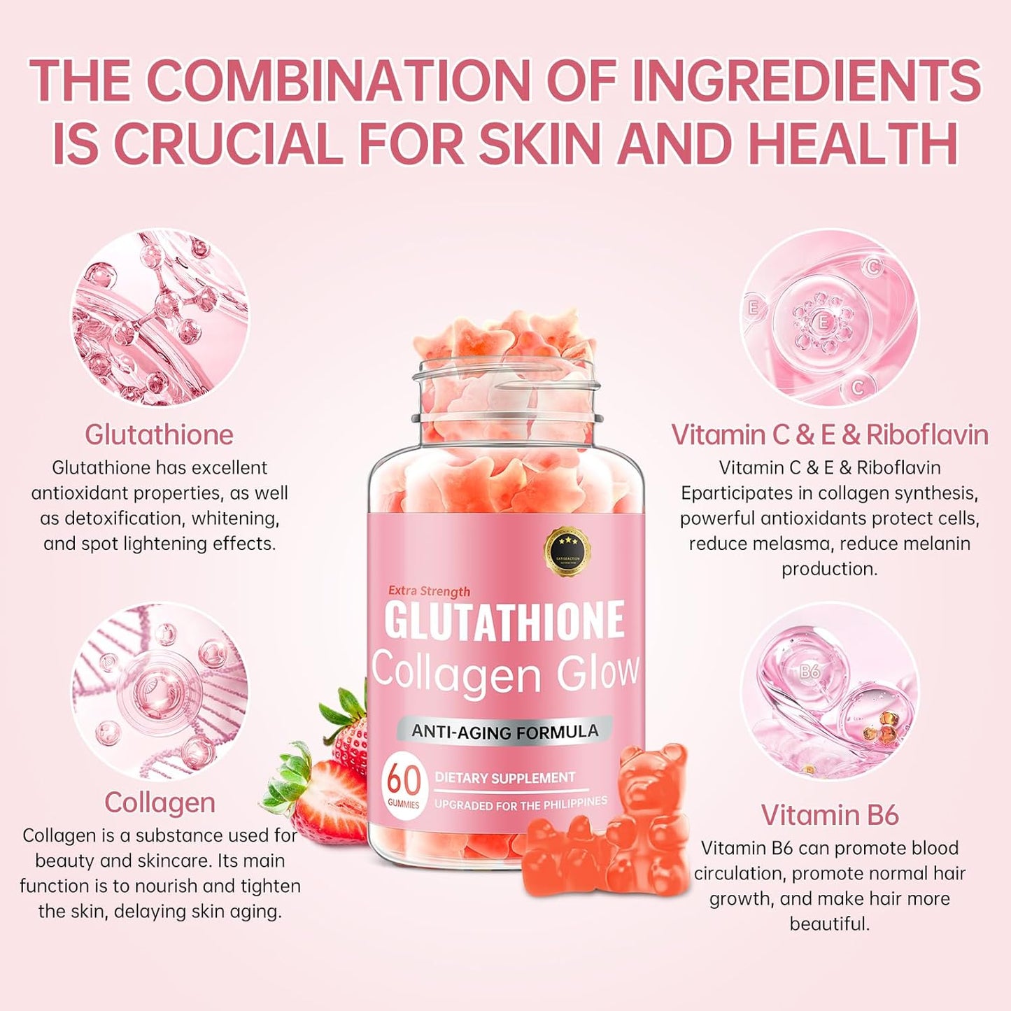 Korean Glutathione Collagen Glow Gummies for Dark Spots - Organic Anti-Aging Skin Care (60/120Pcs)