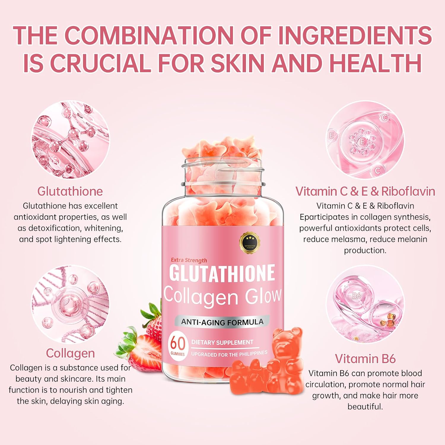 Korean Glutathione Collagen Glow Gummies for Dark Spots - Organic Anti-Aging Skin Care (60/120Pcs)