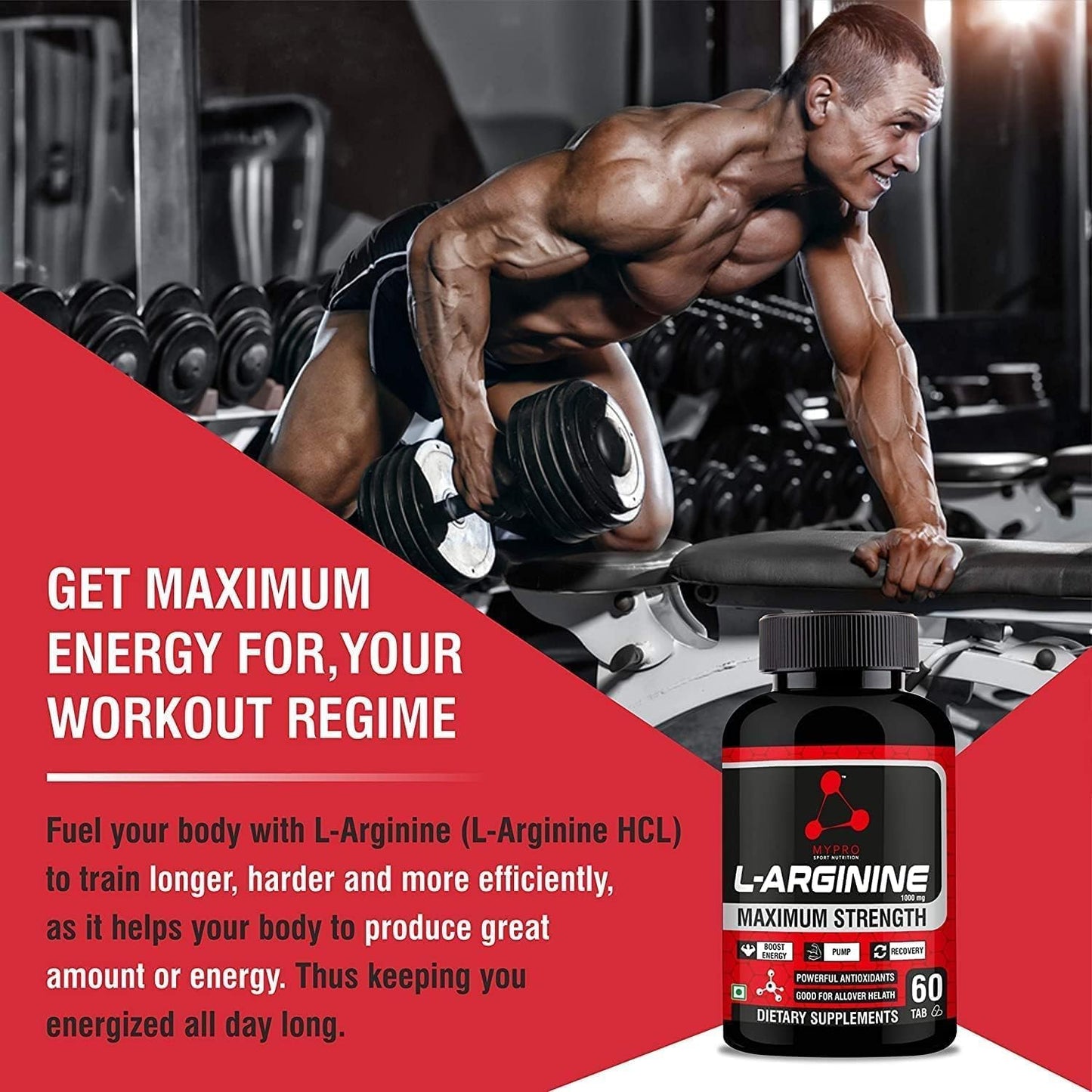 L-Arginine 1000mg Supplement for Muscle Growth, Stamina, Immune Support & Energy Boost, 60 Tablets