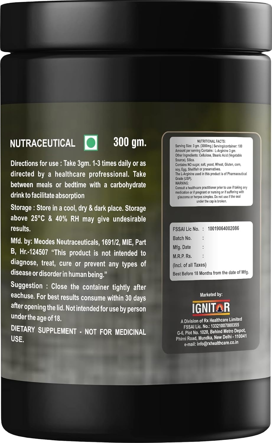 L-Arginine Powder Supplement for Muscle Growth - 300gm Amino Acid Supplement for Men and Women