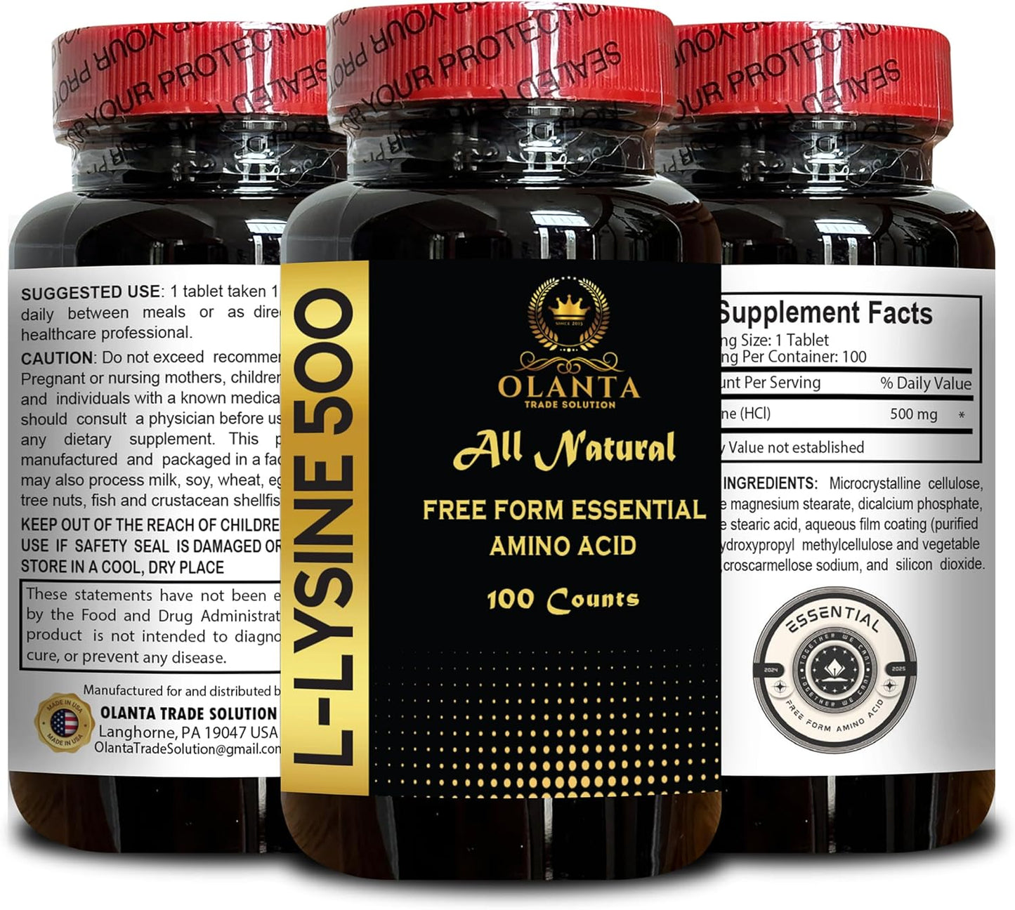 L-Lysine 500 for Immune Support & Collagen Synthesis - Non-GMO Supplement for Immune Health & Cold Sores - 100 Count Bottle