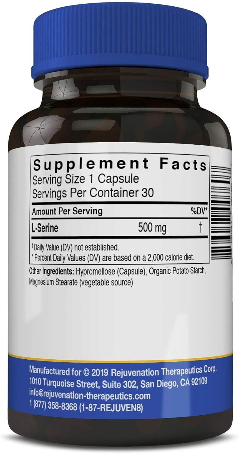 L-Serine 500mg Supplement - 30 Vegan Capsules, Non-GMO, Rice-Free, Gluten-Free Formula by Rejuvenation Therapeutics
