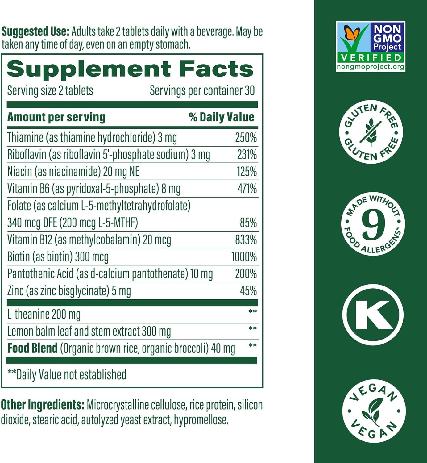 L-Theanine & Vitamin B Complex Supplement - 200mg L Theanine with B Vitamins, Lemon Balm Leaf & Zinc - Vegan, Gluten Free, Non-GMO - 60 Tablets