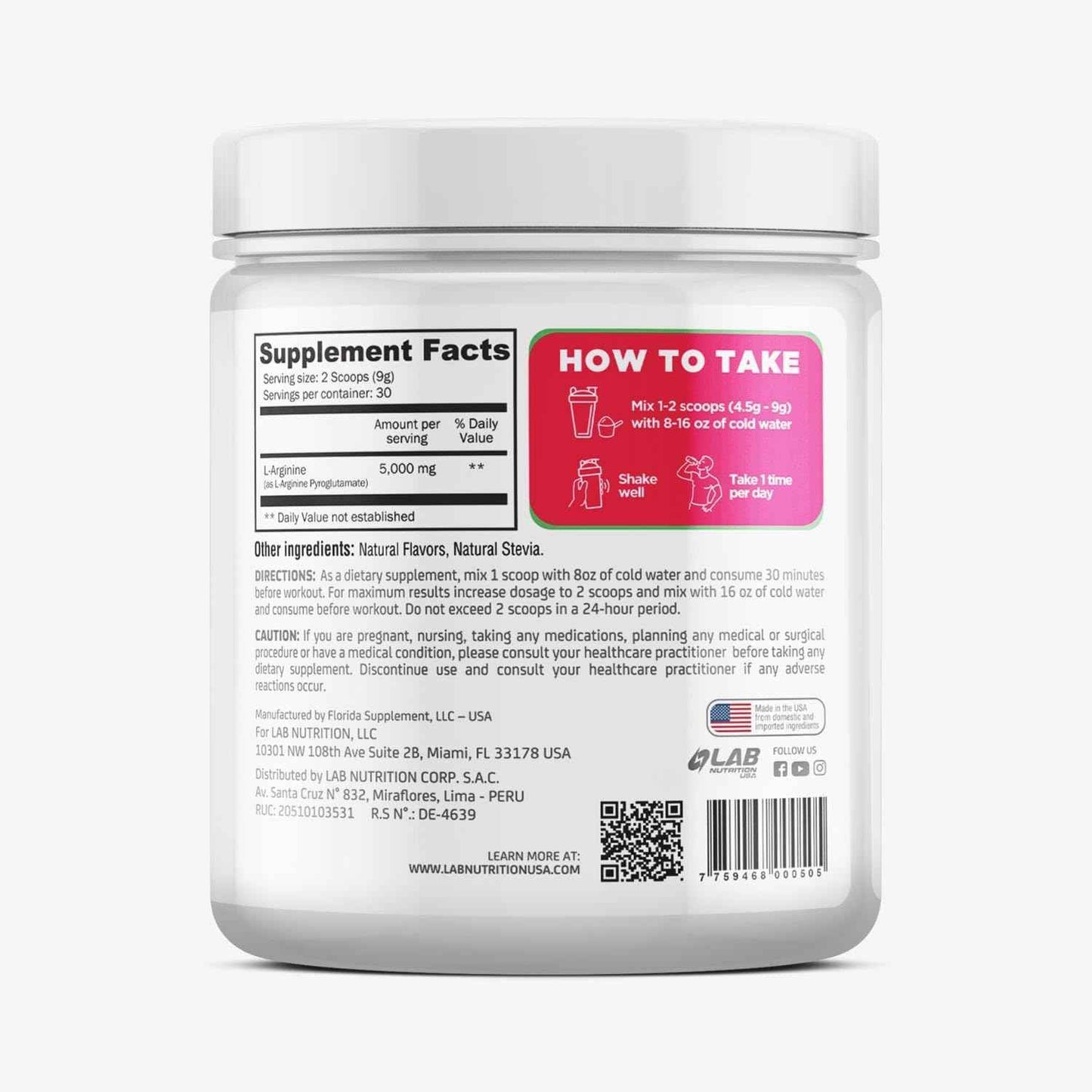 LAB Nutrition L-Arginine Powder Watermelon Flavor 5 Grams per Serving Muscle Support Nitric Oxide Precursor Free-Form Amino Acid (1)