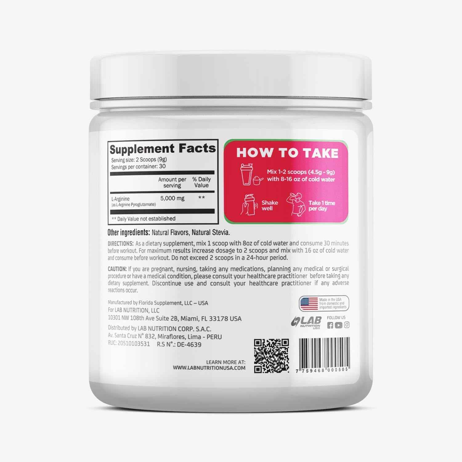 LAB Nutrition L-Arginine Powder Watermelon Flavor 5 Grams per Serving Muscle Support Nitric Oxide Precursor Free-Form Amino Acid (1)