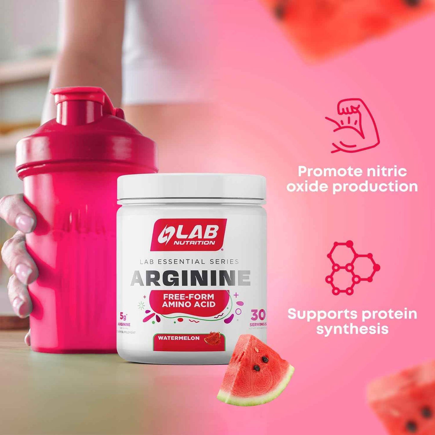 LAB Nutrition L-Arginine Powder Watermelon Flavor 5 Grams per Serving Muscle Support Nitric Oxide Precursor Free-Form Amino Acid (1)
