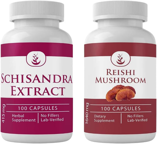 Lab Verified Schisandra Extract and Reishi Mushroom Capsule Bundle - 100 Capsules Each, Pure Ingredients, No Additives