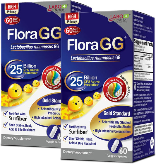 LABO Nutrition FloraGG Probiotic Supplement with Lactobacillus Rhamnosus GG & Prebiotic Fiber - 25 Billion CFU, Gluten Free, 60 Delayed Release Capsules x2