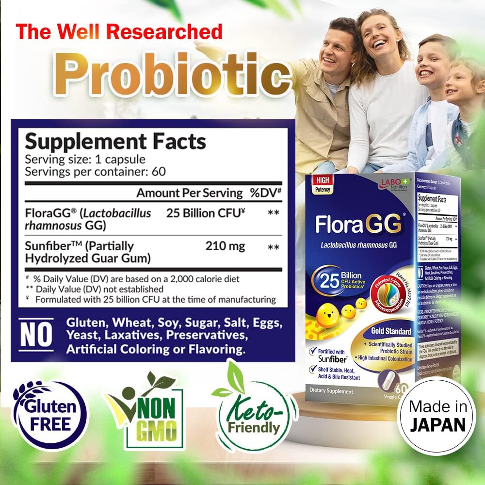 LABO Nutrition FloraGG Probiotic Supplement with Lactobacillus Rhamnosus GG & Prebiotic Fiber - 25 Billion CFU, Gluten Free, 60 Delayed Release Capsules x2