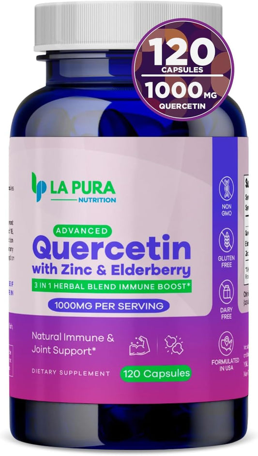 LaPura Immune Boost & Joint Support Supplement - Quercetin 1000mg, Elderberry 200mg, Zinc 30mg - 120 Capsules, Non-GMO - Made in USA