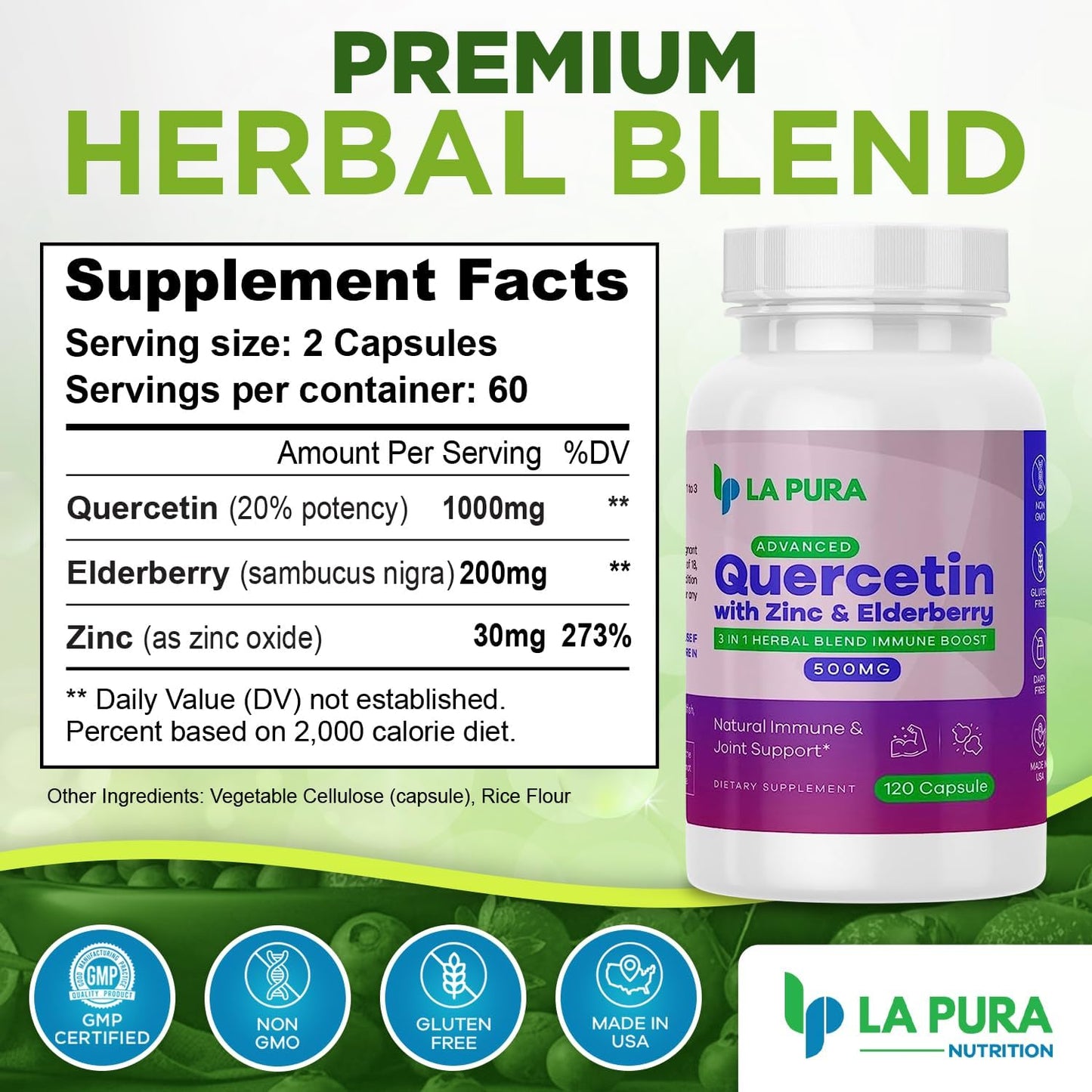 LaPura Immune Boost & Joint Support Supplement - Quercetin 1000mg, Elderberry 200mg, Zinc 30mg - 120 Capsules, Non-GMO - Made in USA
