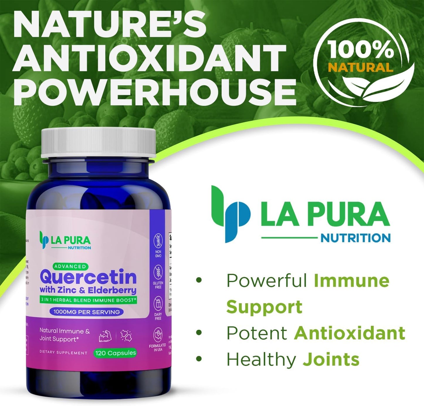 LaPura Immune Boost & Joint Support Supplement - Quercetin 1000mg, Elderberry 200mg, Zinc 30mg - 120 Capsules, Non-GMO - Made in USA