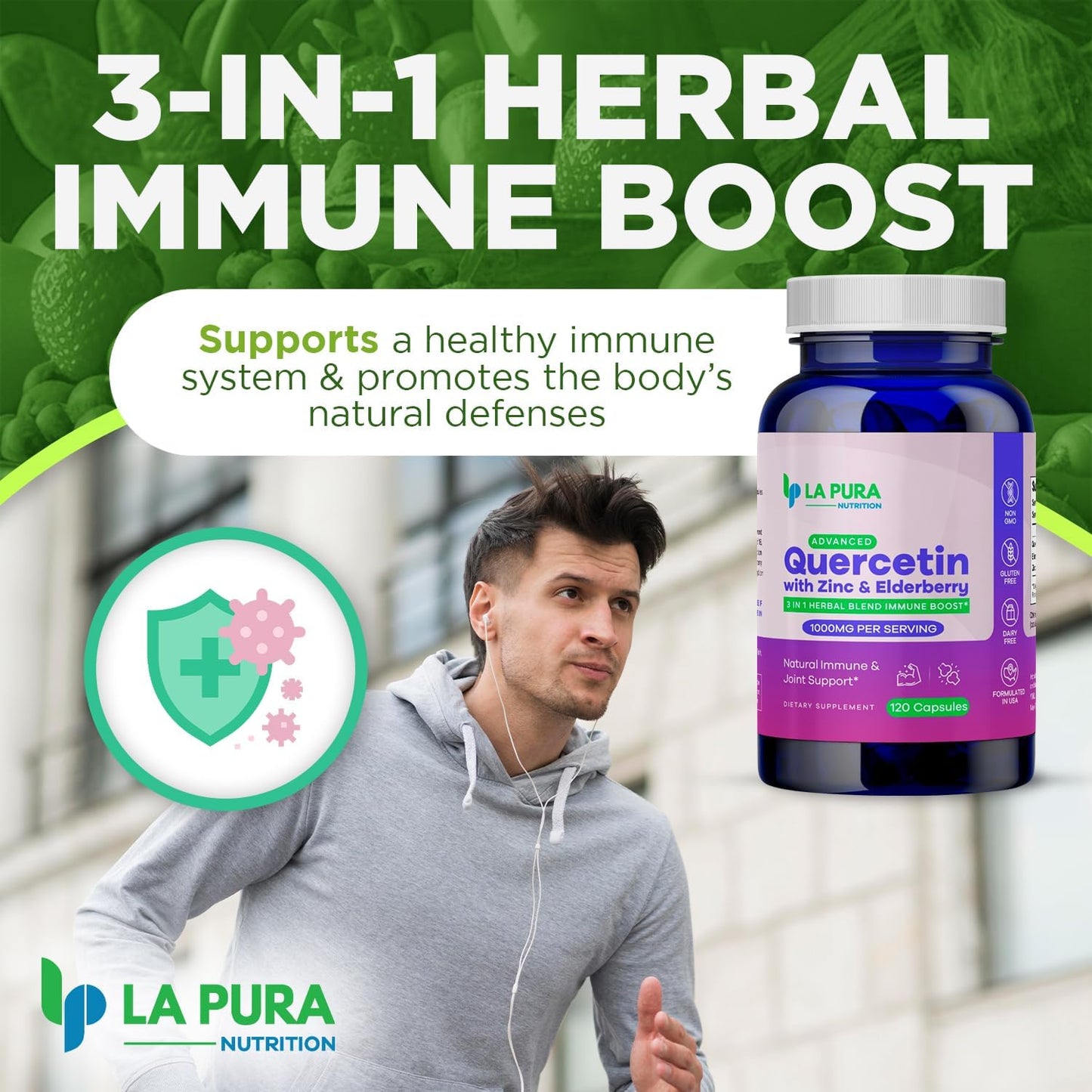 LaPura Immune Boost & Joint Support Supplement - Quercetin 1000mg, Elderberry 200mg, Zinc 30mg - 120 Capsules, Non-GMO - Made in USA
