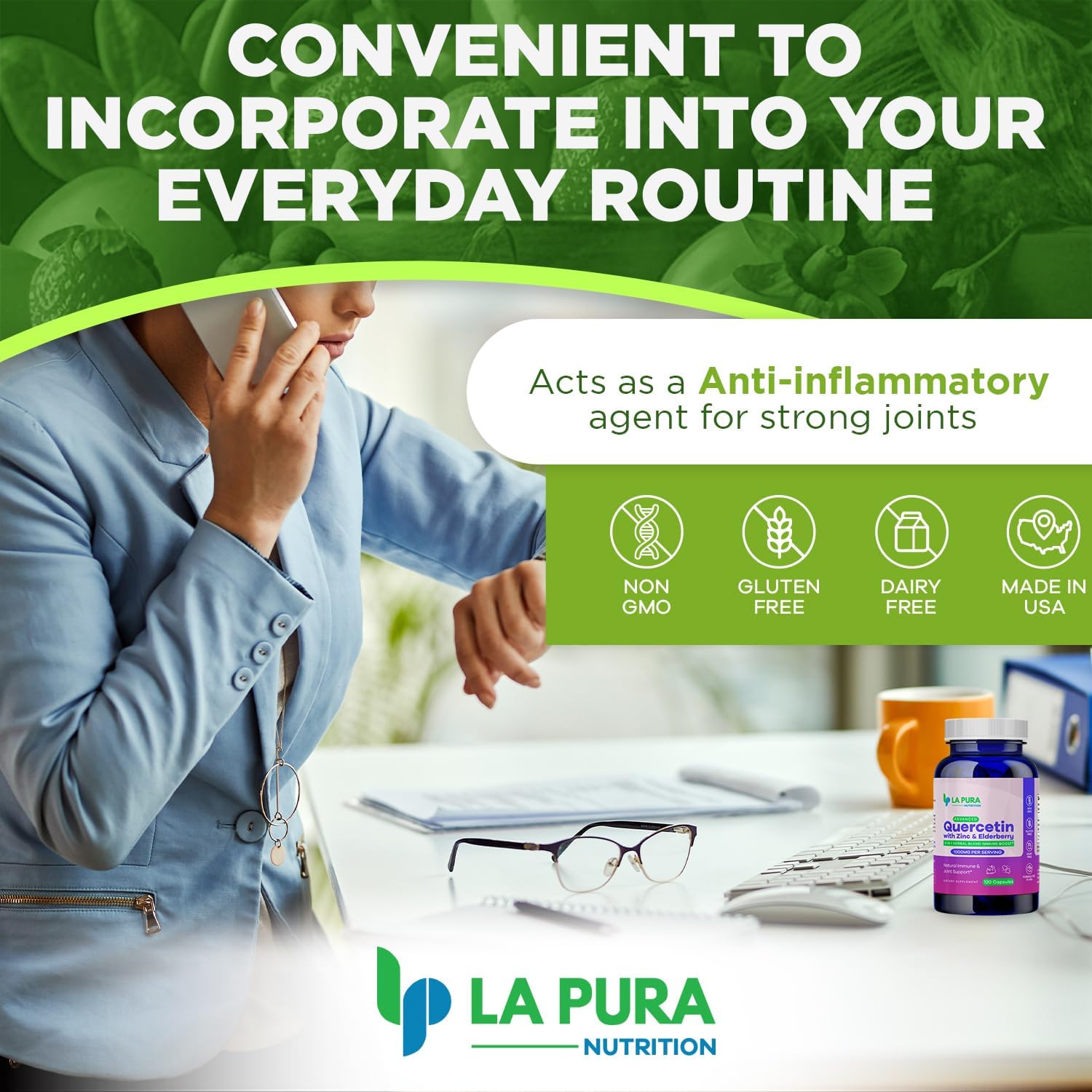 LaPura Immune Boost & Joint Support Supplement - Quercetin 1000mg, Elderberry 200mg, Zinc 30mg - 120 Capsules, Non-GMO - Made in USA