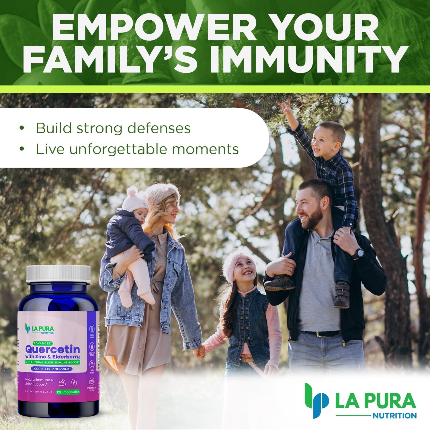 LaPura Immune Boost & Joint Support Supplement - Quercetin 1000mg, Elderberry 200mg, Zinc 30mg - 120 Capsules, Non-GMO - Made in USA