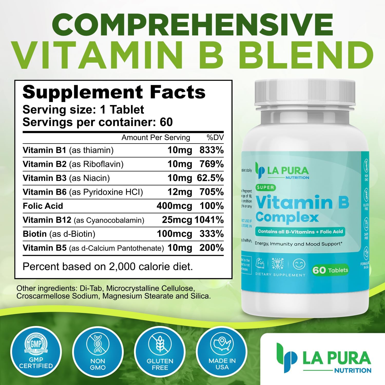 LaPura Super Vitamin B Complex with Folic Acid & Biotin - 60 Capsules - Energy, Immune & Mood Support - Non-GMO USA Made