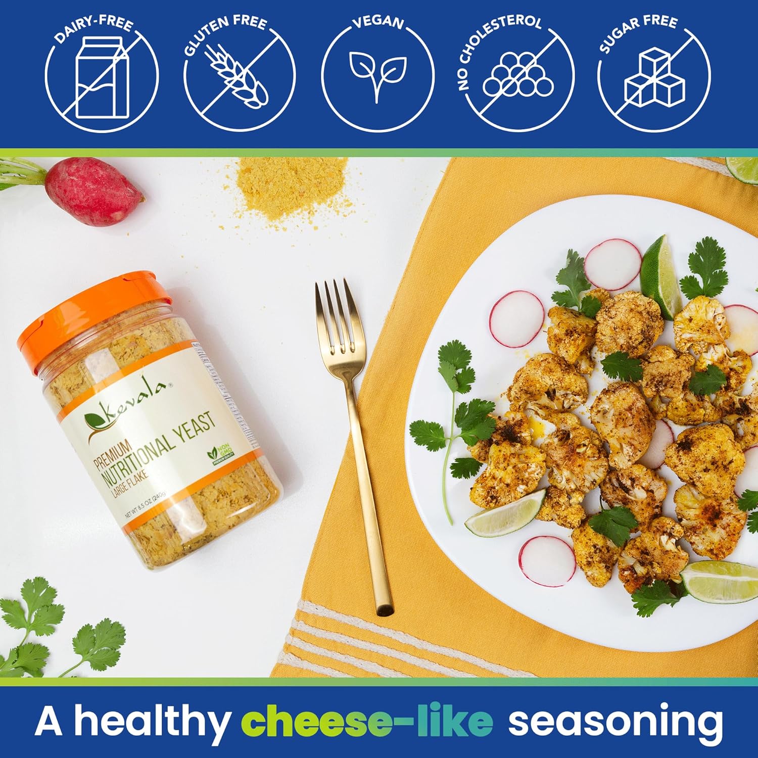 Large Flake Vegan Parmesan Cheese Substitute for Baking - Kevala Nutritional Yeast (Fortified) 2 lb - Popcorn Seasoning, Salt Free