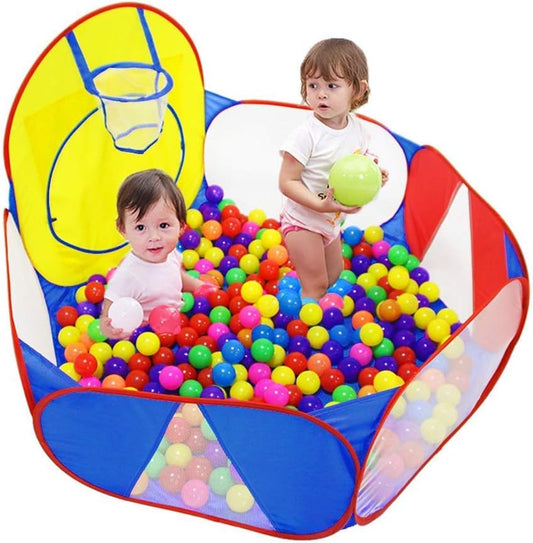 Large Pop Up Kids Ball Pit Tent with Basketball Hoop & Zipper Storage Bag - 4 Ft/120CM - Blue, Yellow, Red - Balls Not Included