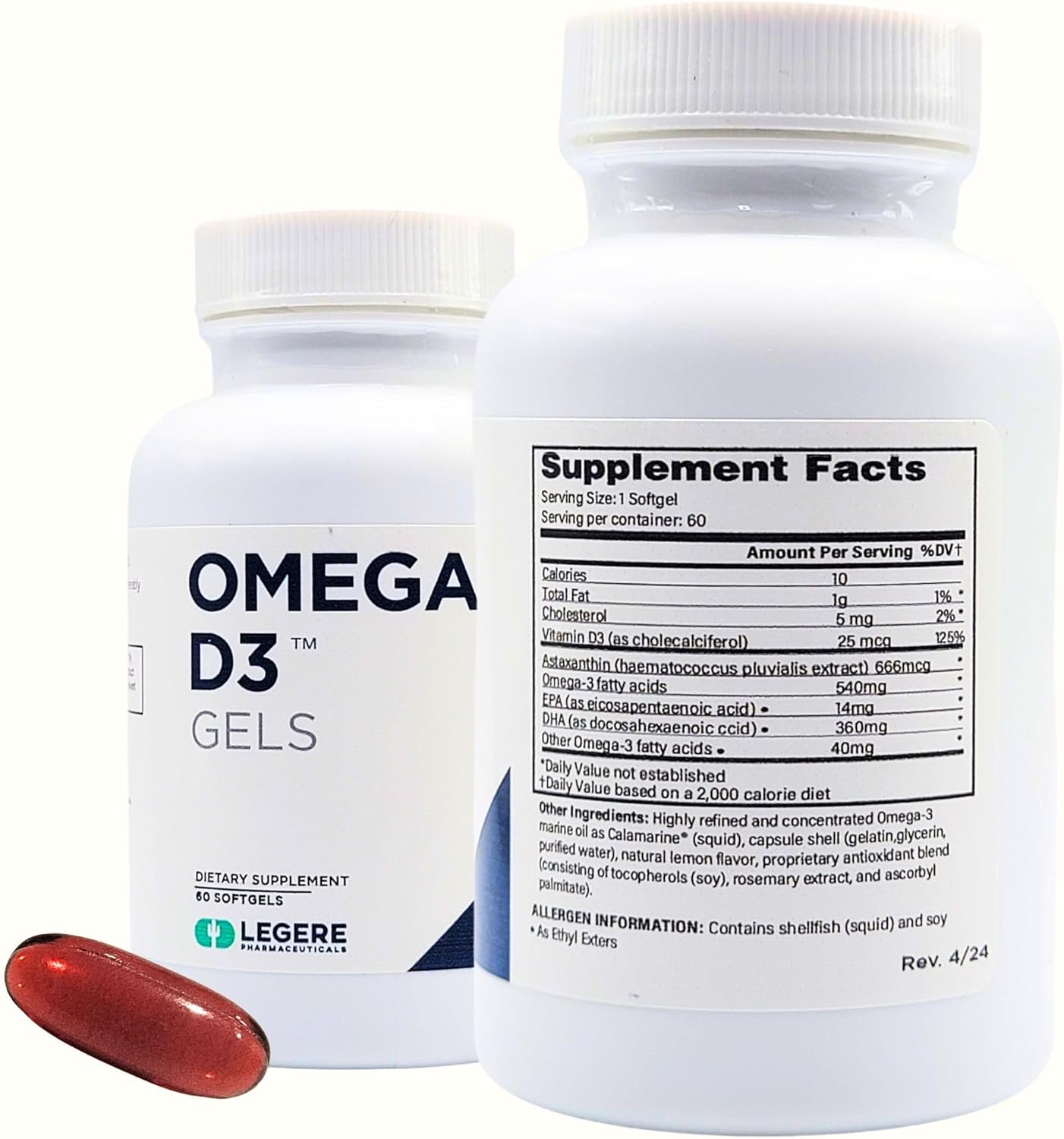 Legere Pharmaceuticals Omega-3 Fish Oil, D3 Gels with Astaxanthin & Calamarine by ES Global Brands
