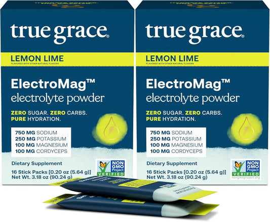 Lemon Lime Electrolyte Powder Sticks - True Grace ElectroMag - 32 Servings - Rapid Hydration with Sodium, Potassium, Magnesium, Cordyceps - Zero Sugar & Carbs - Non-GMO - Pack of 2