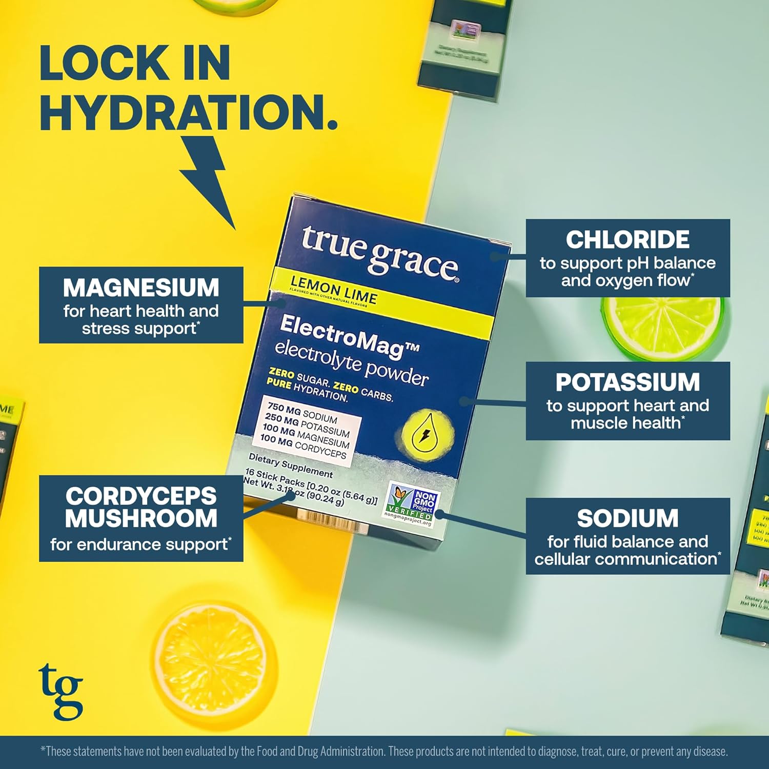 Lemon Lime Electrolyte Powder Sticks - True Grace ElectroMag - 32 Servings - Rapid Hydration with Sodium, Potassium, Magnesium, Cordyceps - Zero Sugar & Carbs - Non-GMO - Pack of 2