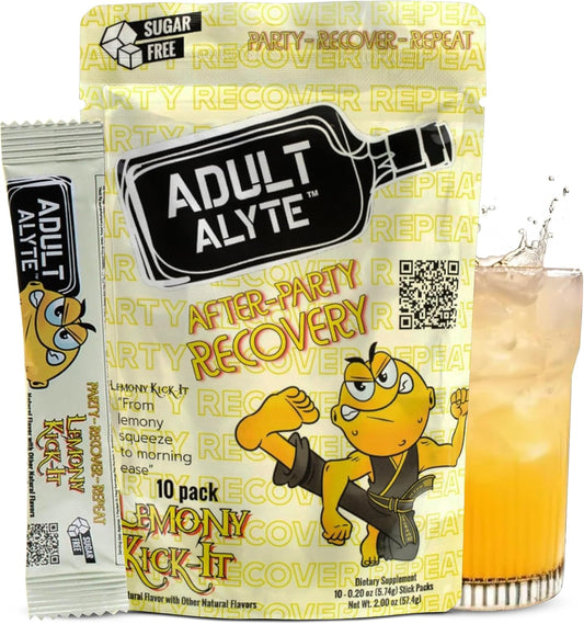 Lemony Kick-It Adultalyte After Alcohol Aid Powder Sticks with DHM, B Vitamins, and Antioxidants for Liver Support and Wellness