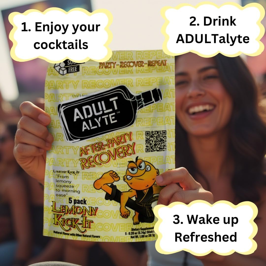 Lemony Kick-It Adultalyte After Alcohol Aid Powder Sticks with DHM, B Vitamins, and Antioxidants for Liver Support and Wellness