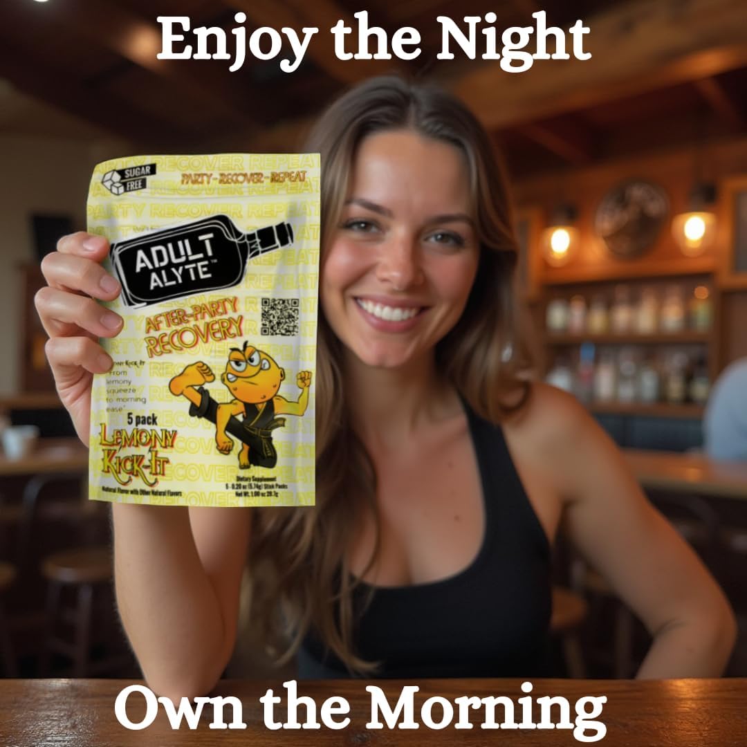Lemony Kick-It Adultalyte After Alcohol Aid Powder Sticks with DHM, B Vitamins, and Antioxidants for Liver Support and Wellness