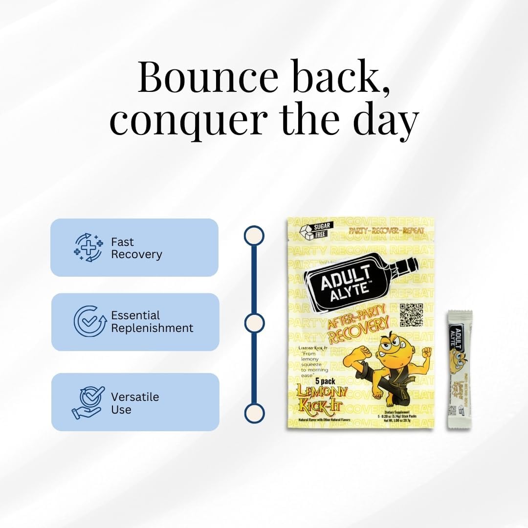 Lemony Kick-It Adultalyte After Alcohol Aid Powder Sticks with DHM, B Vitamins, and Antioxidants for Liver Support and Wellness