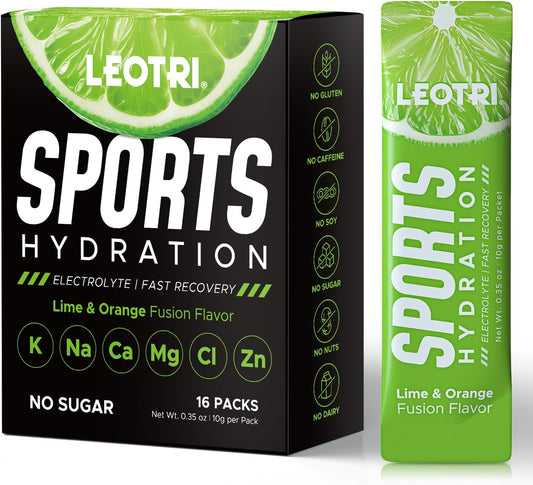 Leotri Sugar Free Electrolyte Powder Packets - Keto Friendly Sport Hydration Drink Mix with 6 Key Electrolytes, Vitamin B & C, 1000mg BCAA - Lime & Orange Flavor, 16 Sticks