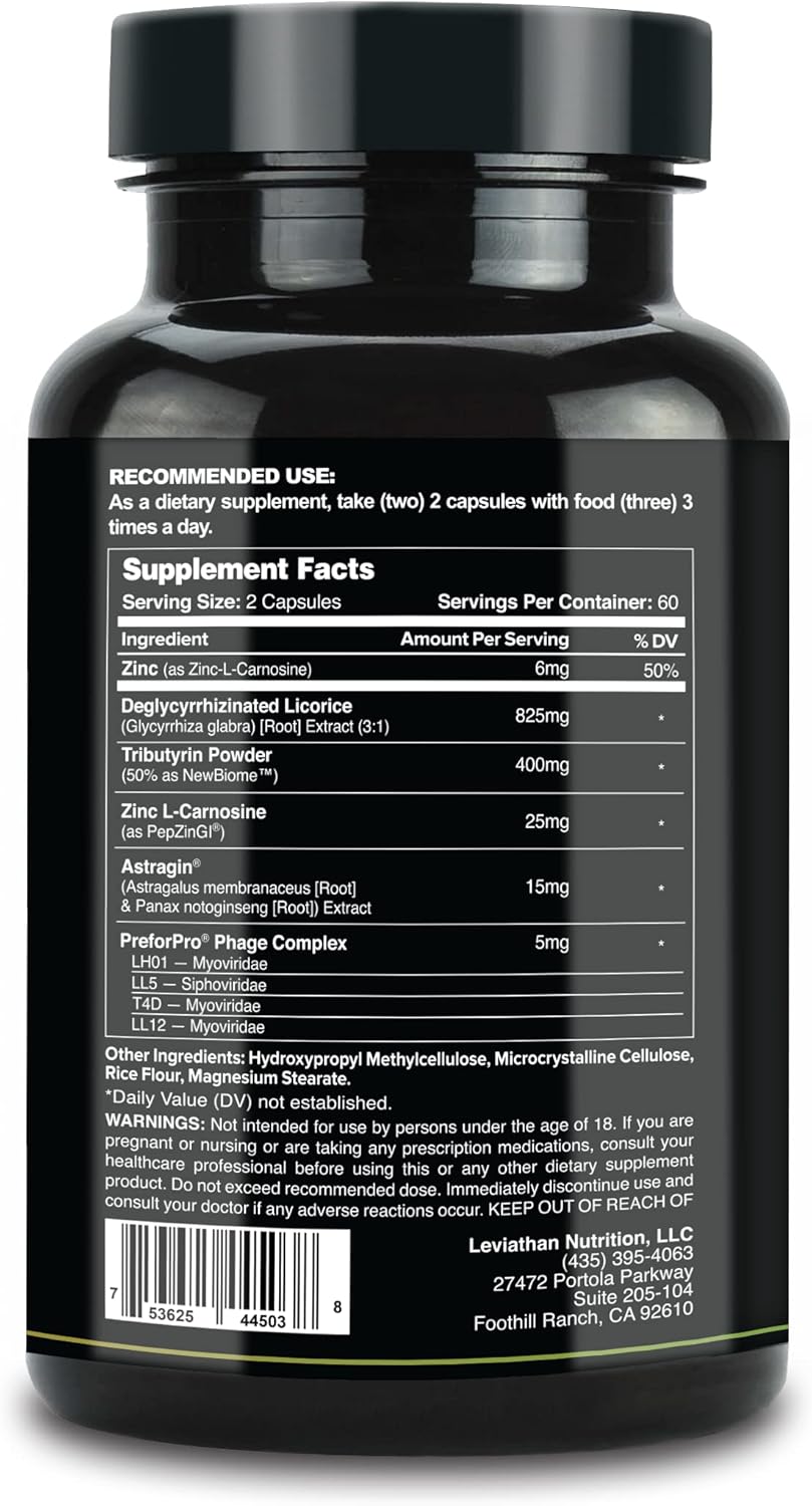 Leviathan Nutrition GI Supplement - Supports Gut Health, Microbiome Balance, and Intestinal Lining - Probiotic Capsules with Zinc-L-Carnosine, Butyrate, & DGL - 120 Count