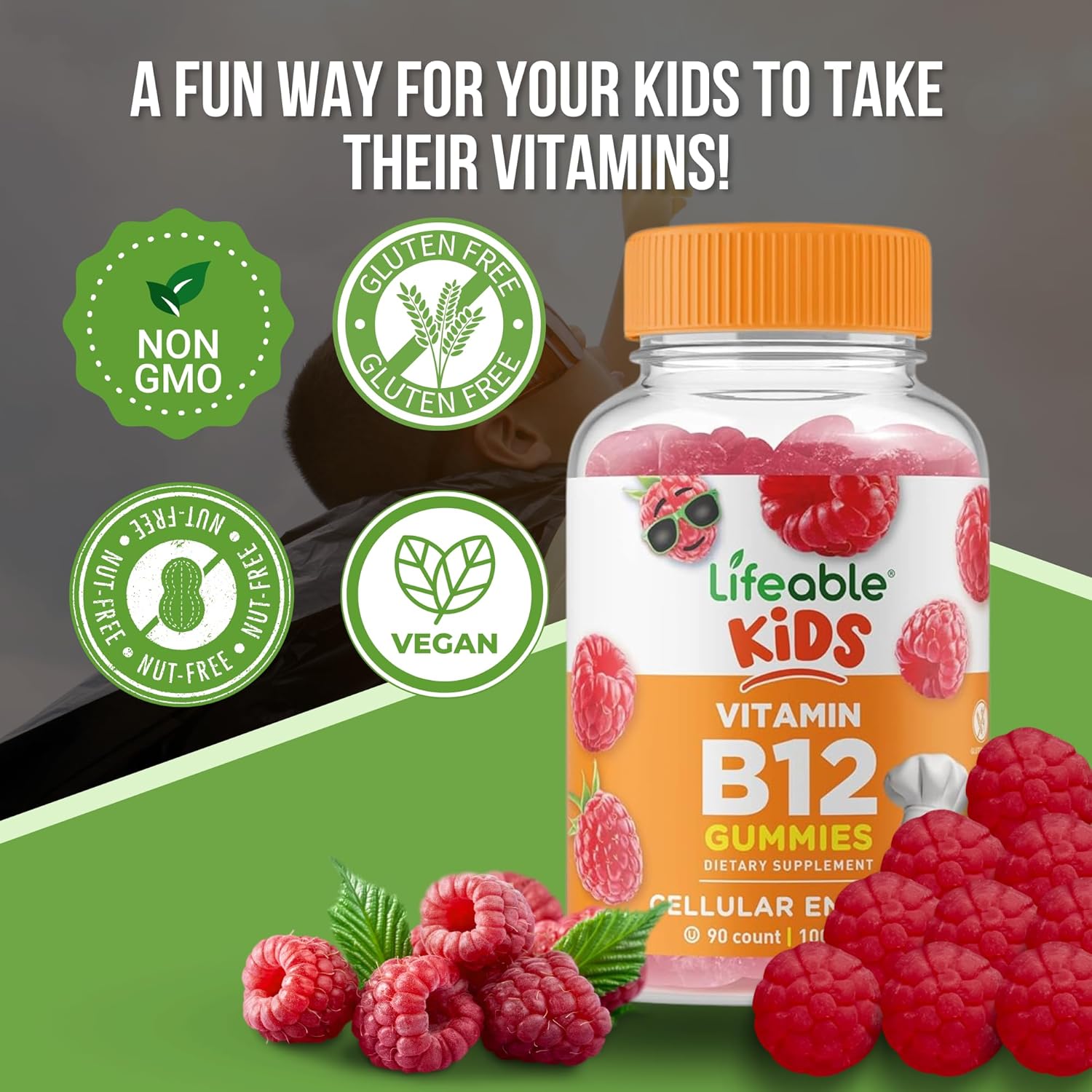 Lifeable Kids Vitamin B12 Gummies Bundle - 90 ct Bottle, Gluten Free, Non GMO, Chewable Dietary Supplement with Good For My Home Box